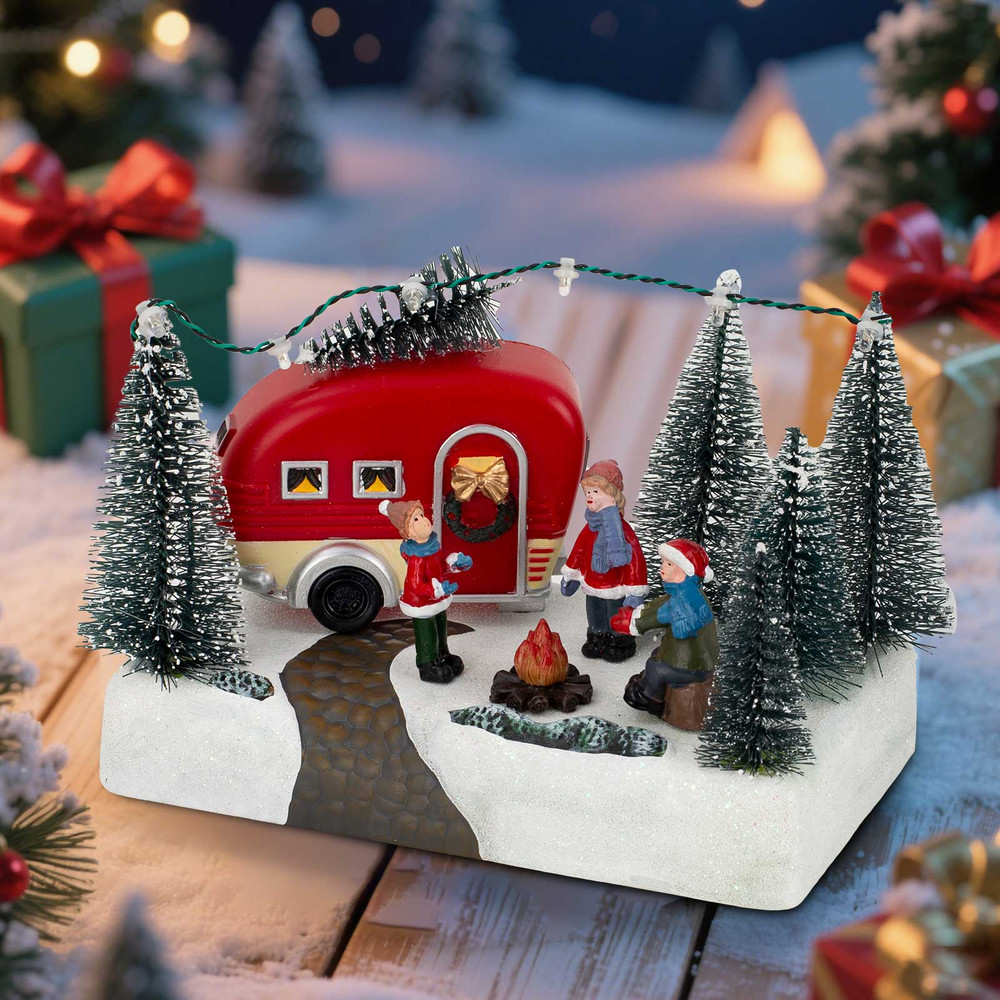 LED Light up Village Collection, Christmas Camper Scene Caravan Figurine, Indoor Table Decor, Festive Holiday Home