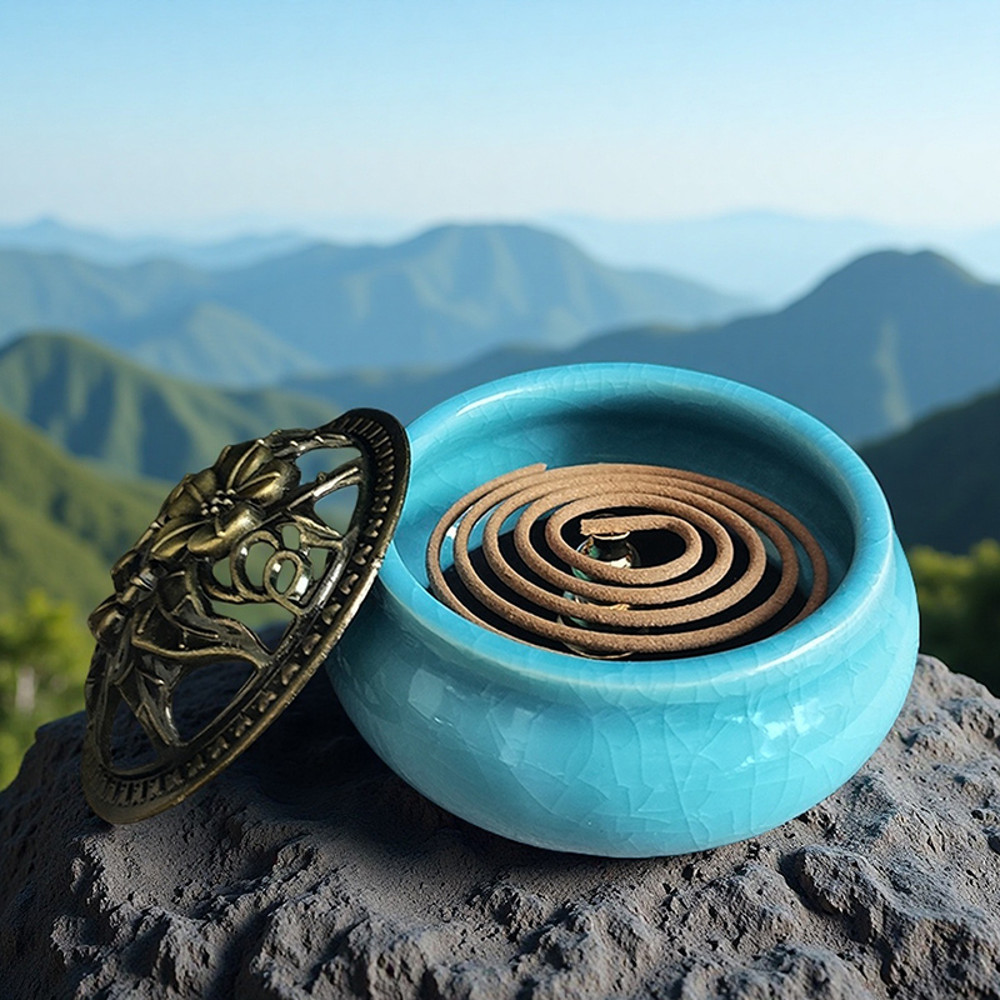 Ceramic Ice Crack Coil Incense Burner Copper Cover Aroma Diffuser Plate Colorful Antique Alloy Home 0