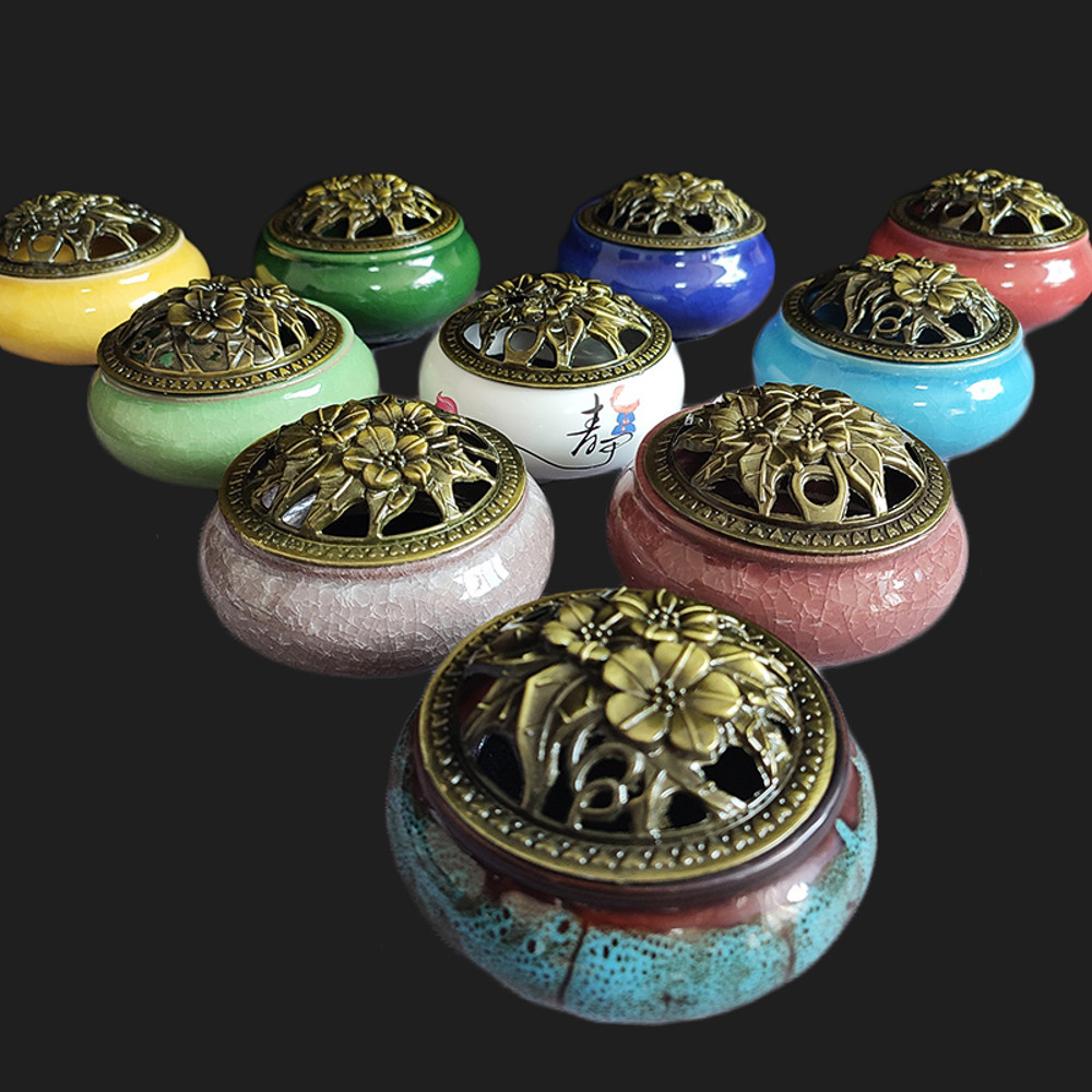 Ceramic Ice Crack Coil Incense Burner Copper Cover Aroma Diffuser Plate Colorful Antique Alloy Home 3