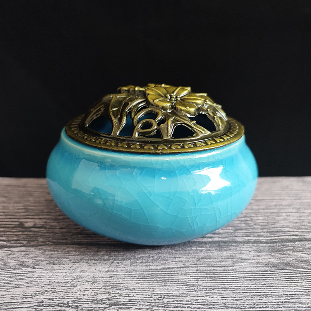 Ceramic Ice Crack Coil Incense Burner Copper Cover Aroma Diffuser Plate Colorful Antique Alloy Home 5