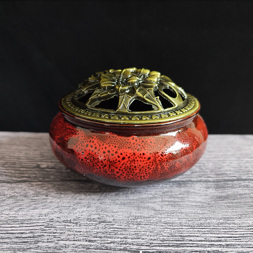 Ceramic Ice Crack Coil Incense Burner Copper Cover Aroma Diffuser Plate Colorful Antique Alloy Home 7