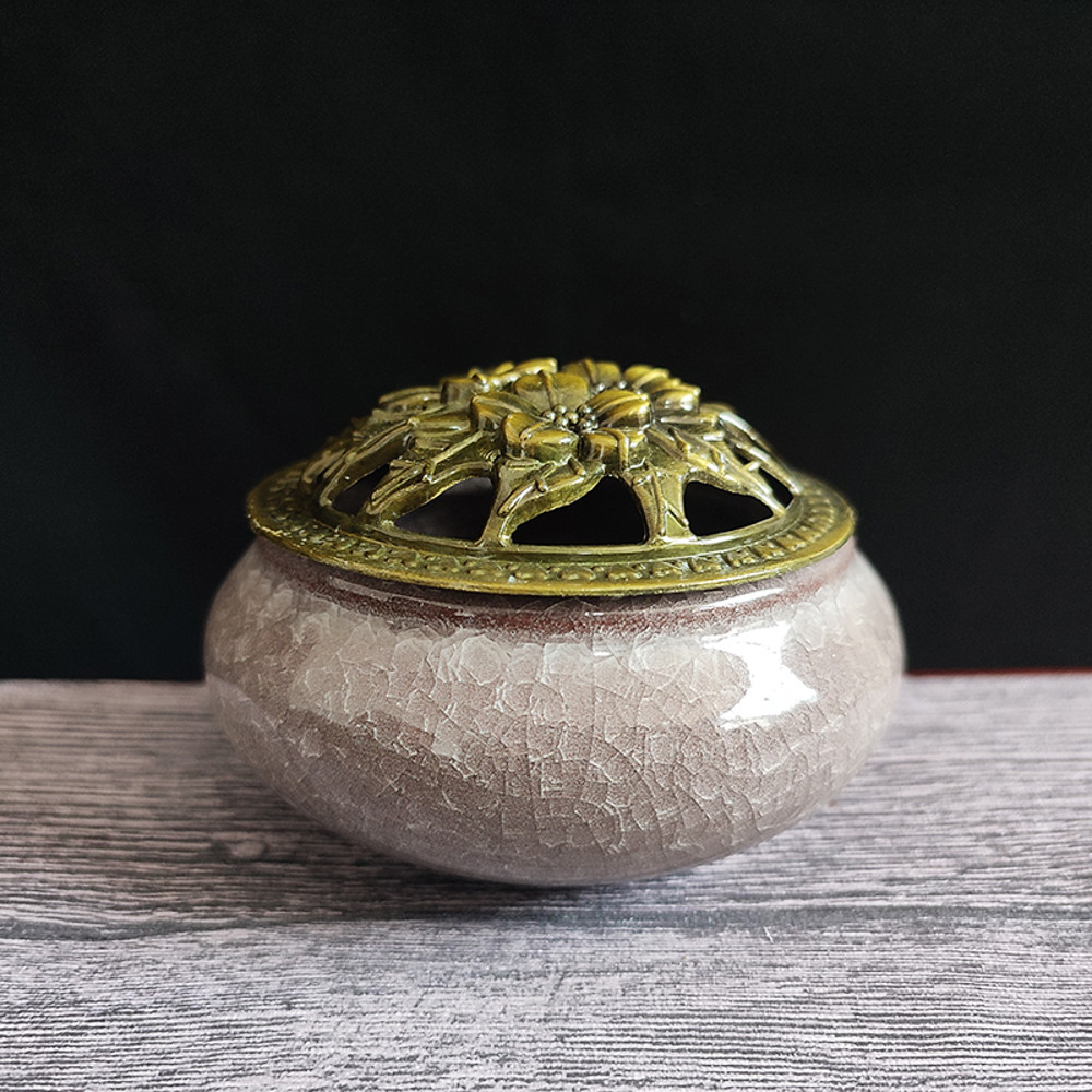 Ceramic Ice Crack Coil Incense Burner Copper Cover Aroma Diffuser Plate Colorful Antique Alloy Home 8