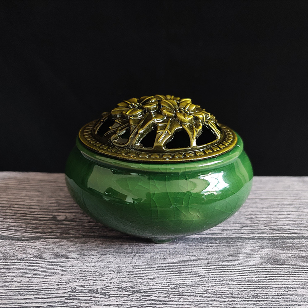 Ceramic Ice Crack Coil Incense Burner Copper Cover Aroma Diffuser Plate Colorful Antique Alloy Home 9