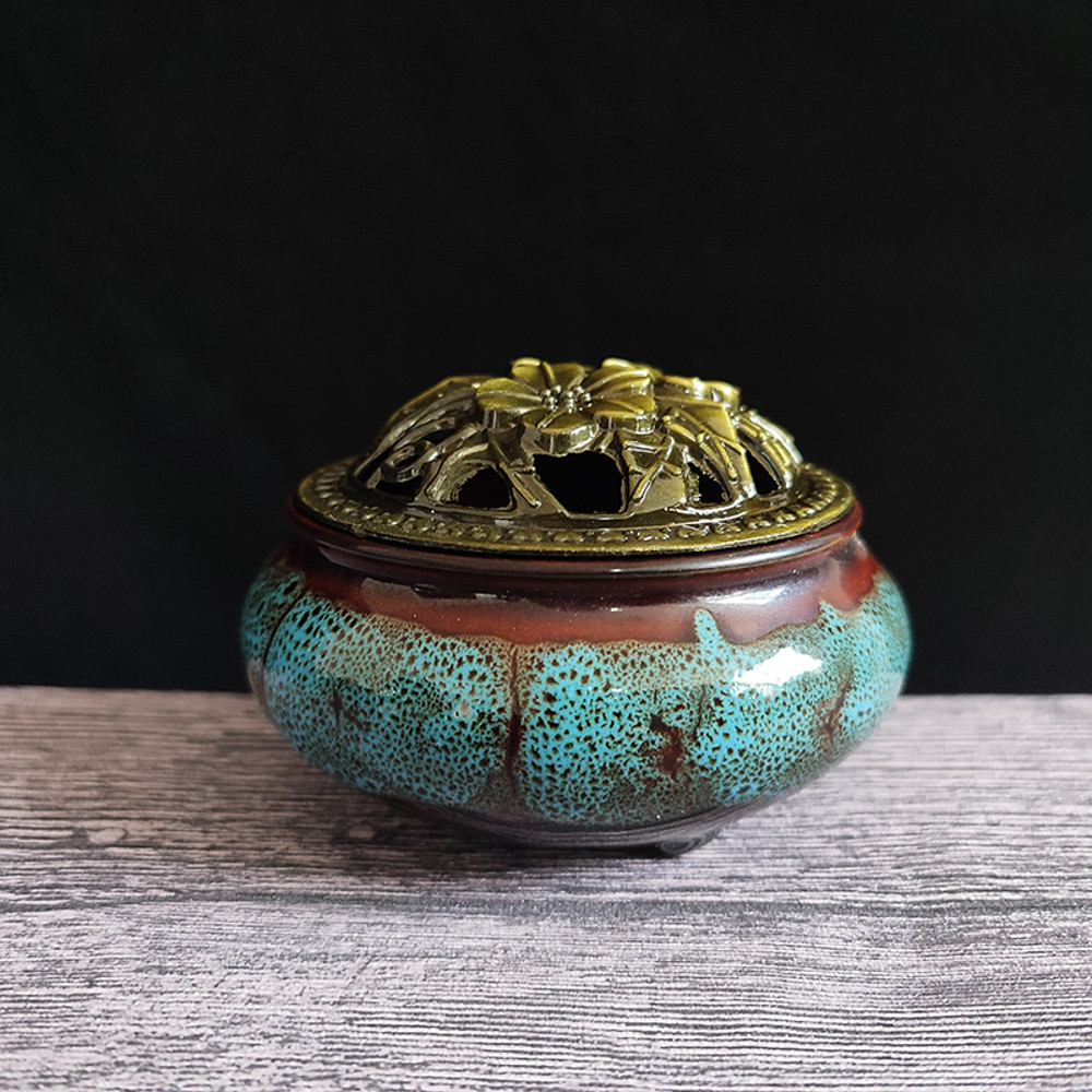 Ceramic Ice Crack Coil Incense Burner Copper Cover Aroma Diffuser Plate Colorful Antique Alloy Home 12