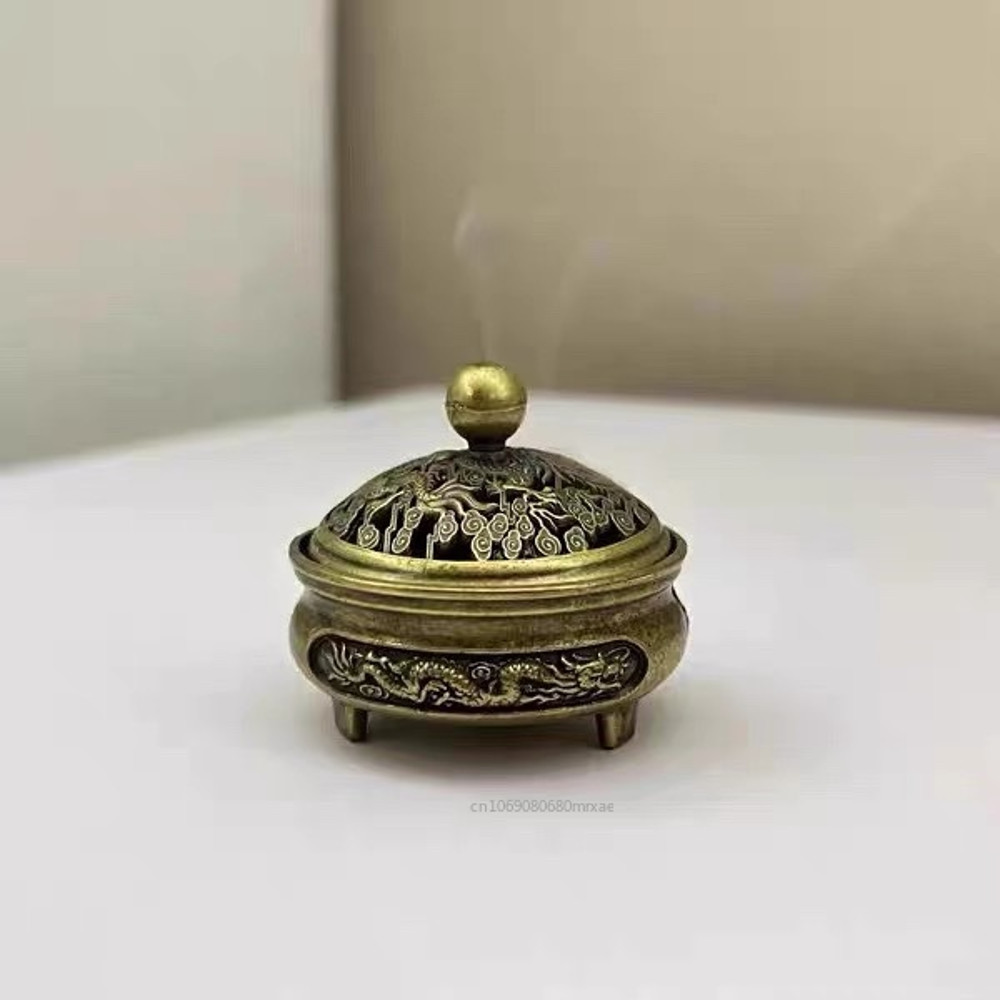 1Pc Antique Brass Dragon Phoenix Pocket Incense Burner, Chinese Hollow Mini Ornaments, Ancient Tea Desk Decor