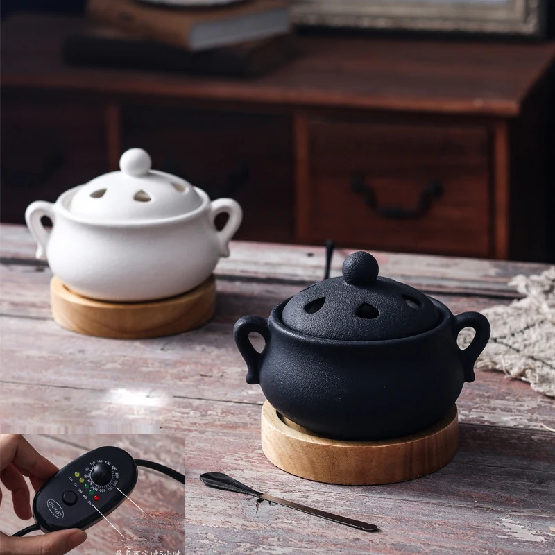 Electric Incense Burner Ceramic Elegant Black Essential Oil Lamp Timed Household Diffuser For Home 3
