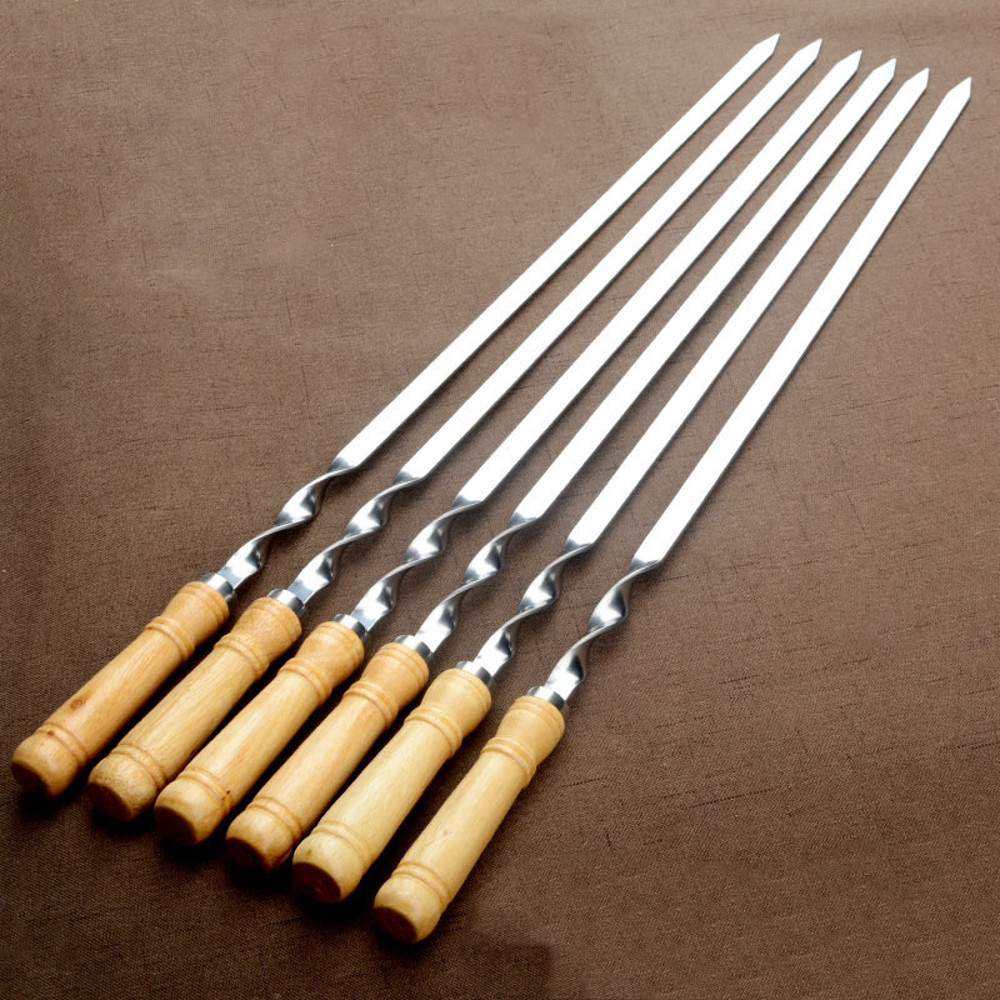 Large Barbecue Skewer Stainless Steel BBQ Kebab Stick Reusable Wooden Handle Grill Tool For Outdoor 1