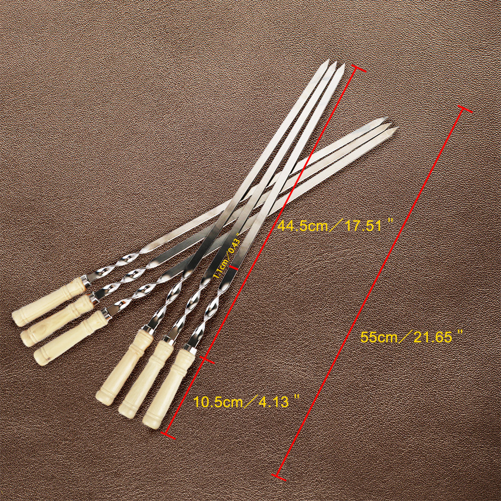 Wood BBQ Fork, Stainless Steel Grill Stick, Outdoor Barbecue Needle, Long Handle Shish Kebab Skewers
