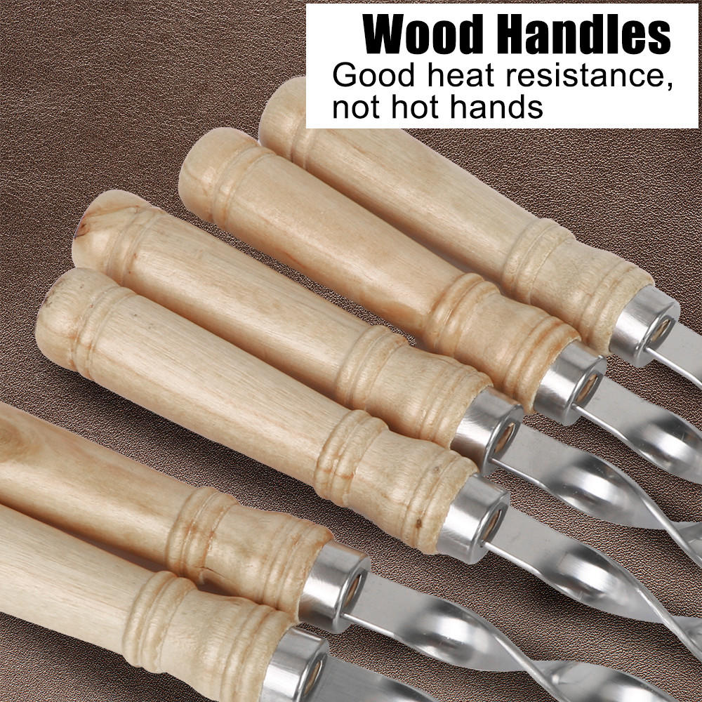 Wood BBQ Fork, Stainless Steel Grill Stick, Outdoor Barbecue Needle, Long Handle Shish Kebab Skewers