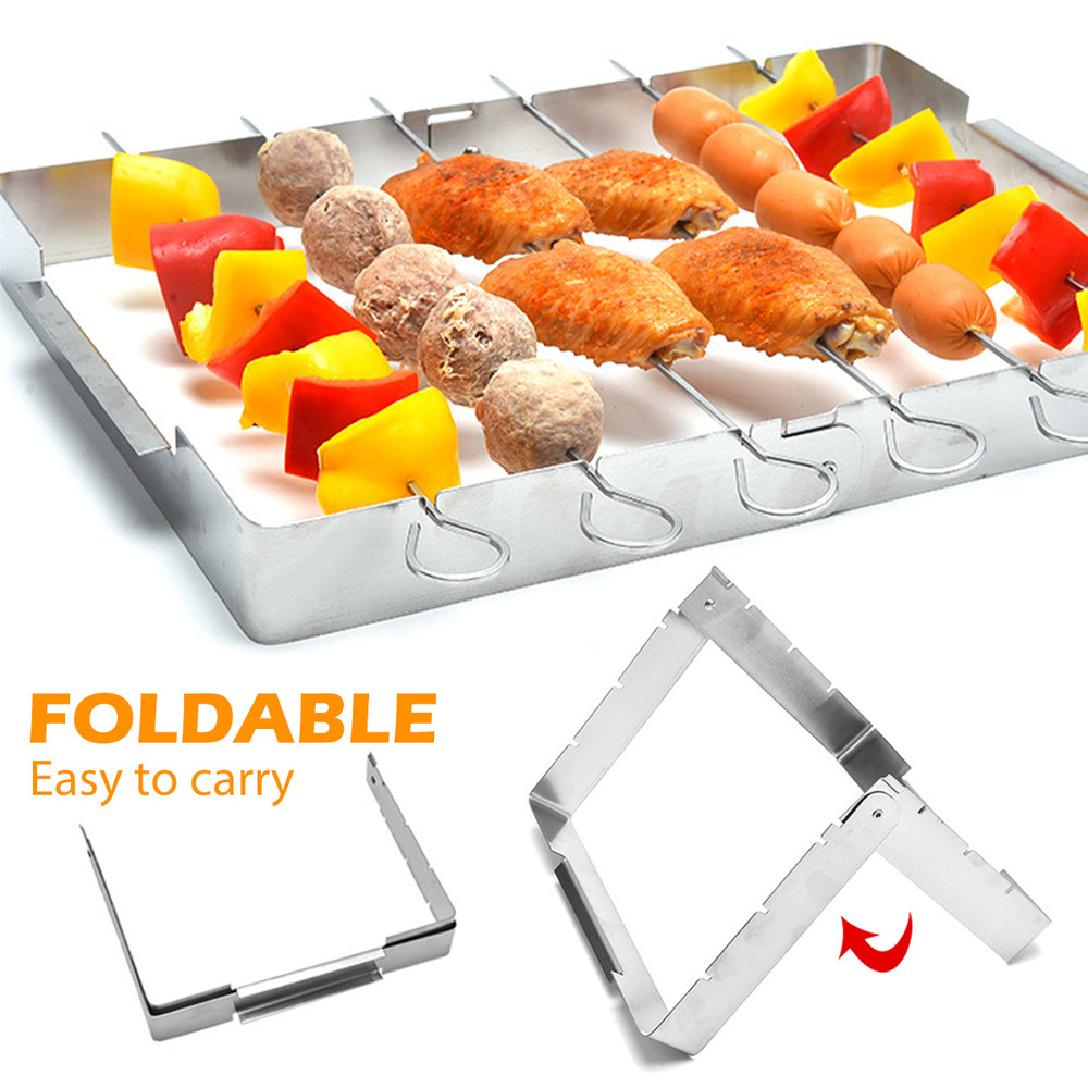 BBQ Skewer Rack Stainless Steel, Foldable Rotating Grill Rack, Metal BBQ Skewers for Shish Kebab, Rotisserie Style