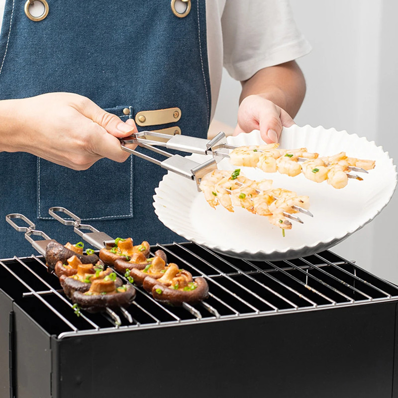 Double Needle Stainless Steel Barbecue Skewer Reusable BBQ Skewers Double Ended BBQ Fork Semi Autom 2