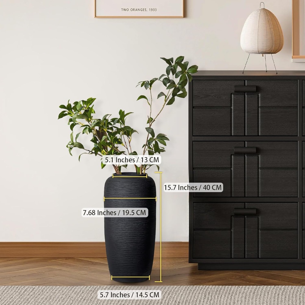 Rustic Ceramic Black Vase, Vintage Flower Vase, Tall Pottery Farmhouse Decor, Floor Vase for Living Room and Entrance