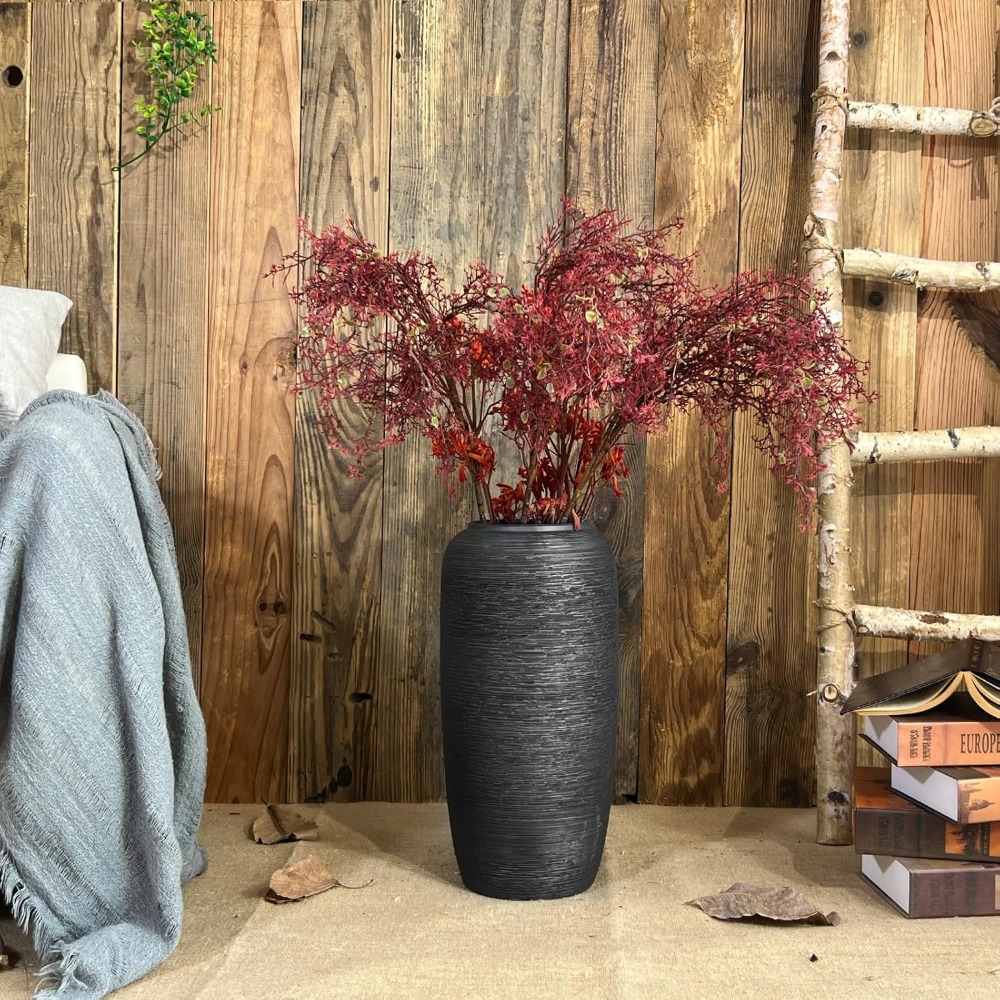 Rustic Ceramic Black Vase, Vintage Flower Vase, Tall Pottery Farmhouse Decor, Floor Vase for Living Room and Entrance
