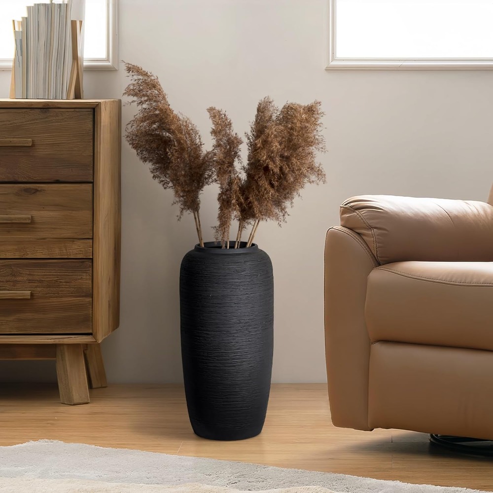 Rustic Ceramic Black Vase, Vintage Flower Vase, Tall Pottery Farmhouse Decor, Floor Vase for Living Room and Entrance