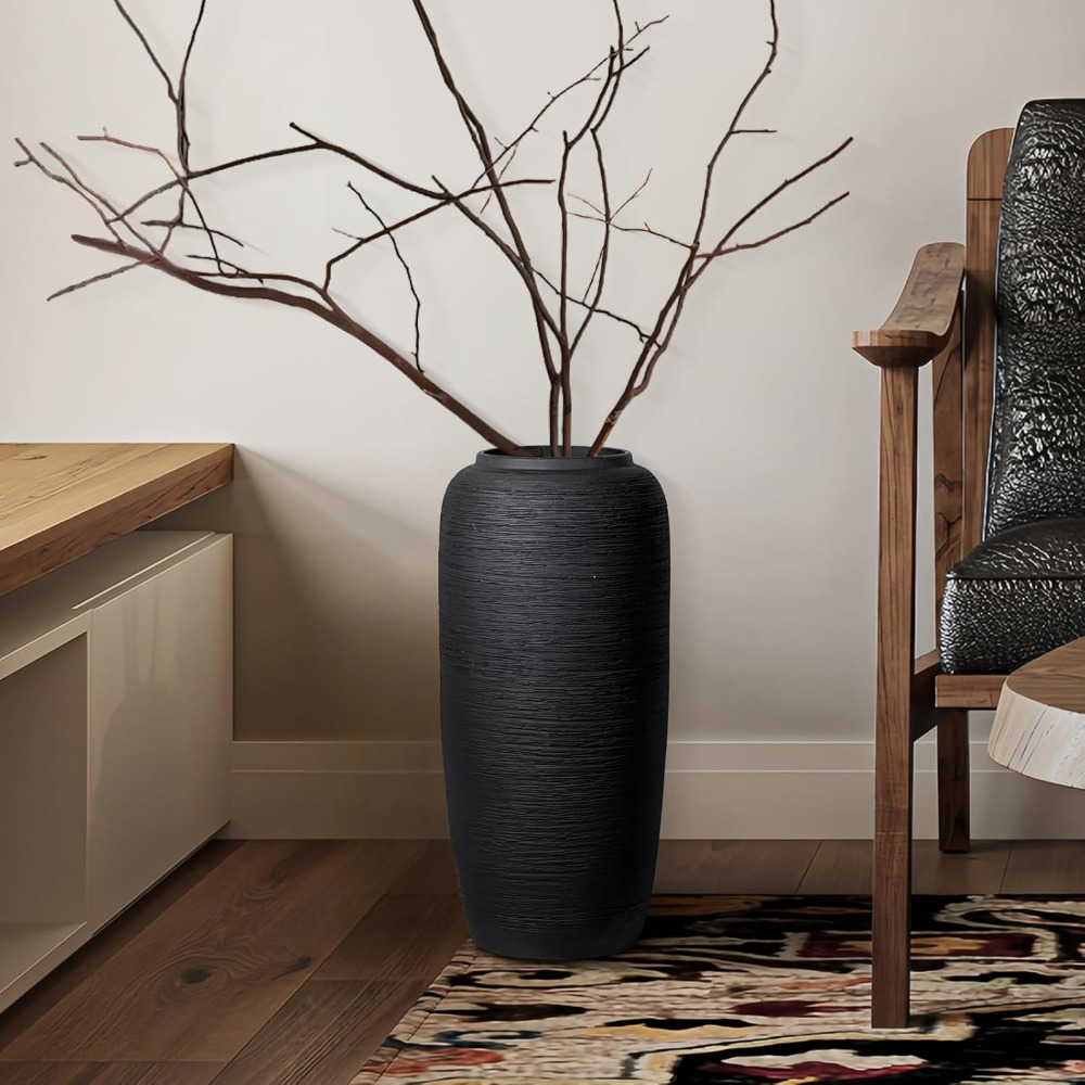 Rustic Ceramic Black Vase, Vintage Flower Vase, Tall Pottery Farmhouse Decor, Floor Vase for Living Room and Entrance