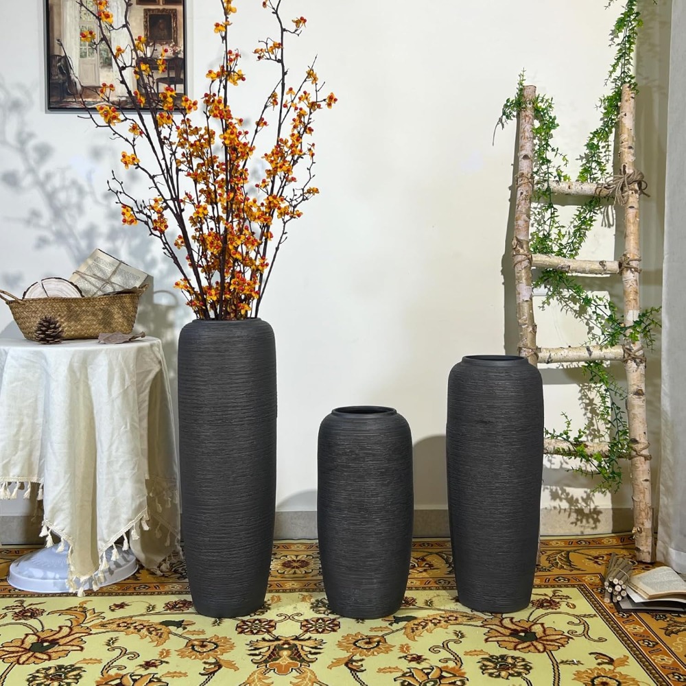 Rustic Ceramic Black Vase, Vintage Flower Vase, Tall Pottery Farmhouse Decor, Floor Vase for Living Room and Entrance