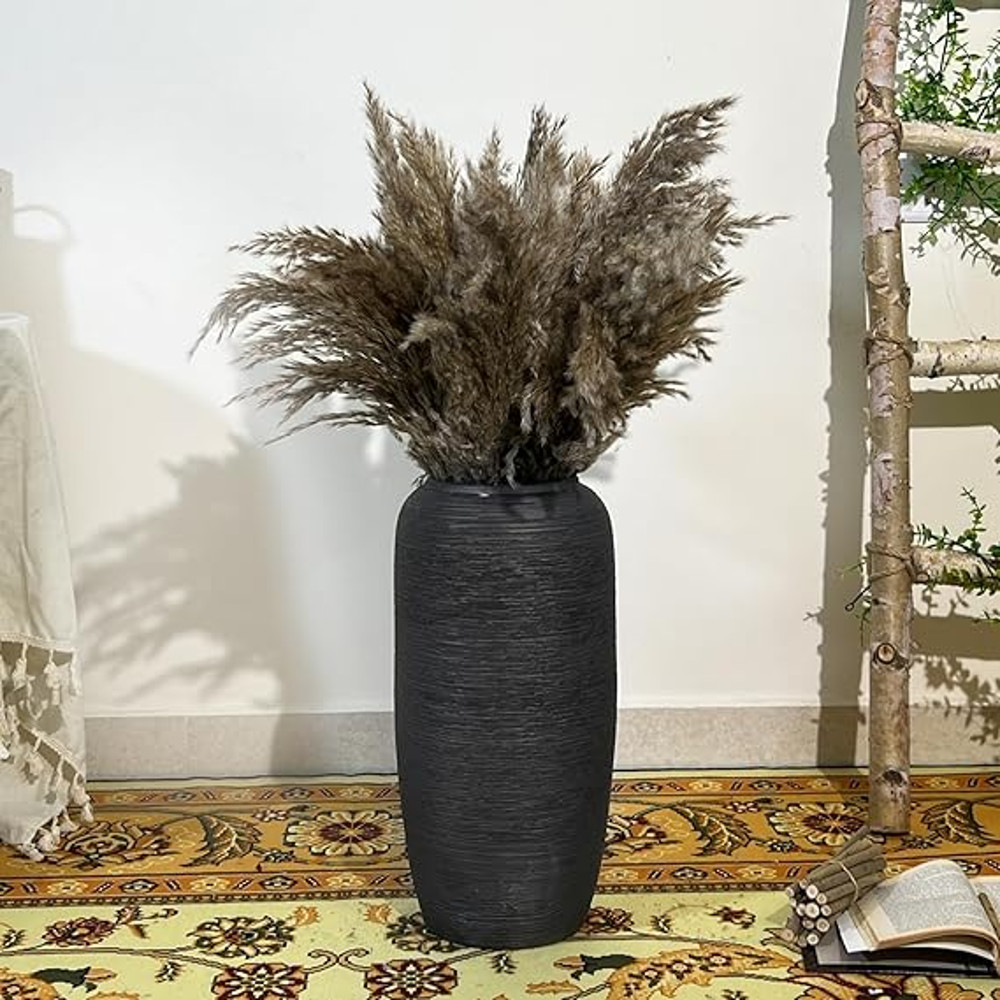 Rustic Ceramic Black Vase, Vintage Flower Vase, Tall Pottery Farmhouse Decor, Floor Vase for Living Room and Entrance