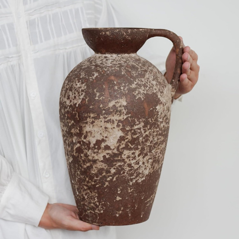 Ceramic Rustic Farmhouse Vase Distressed Antique Terracotta Pitcher With Handle Handmade Pottery Fl 1