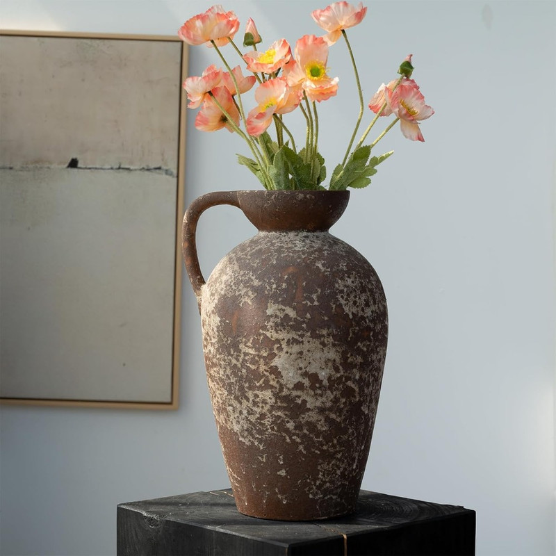 Ceramic Rustic Farmhouse Vase Distressed Antique Terracotta Pitcher With Handle Handmade Pottery Fl 2