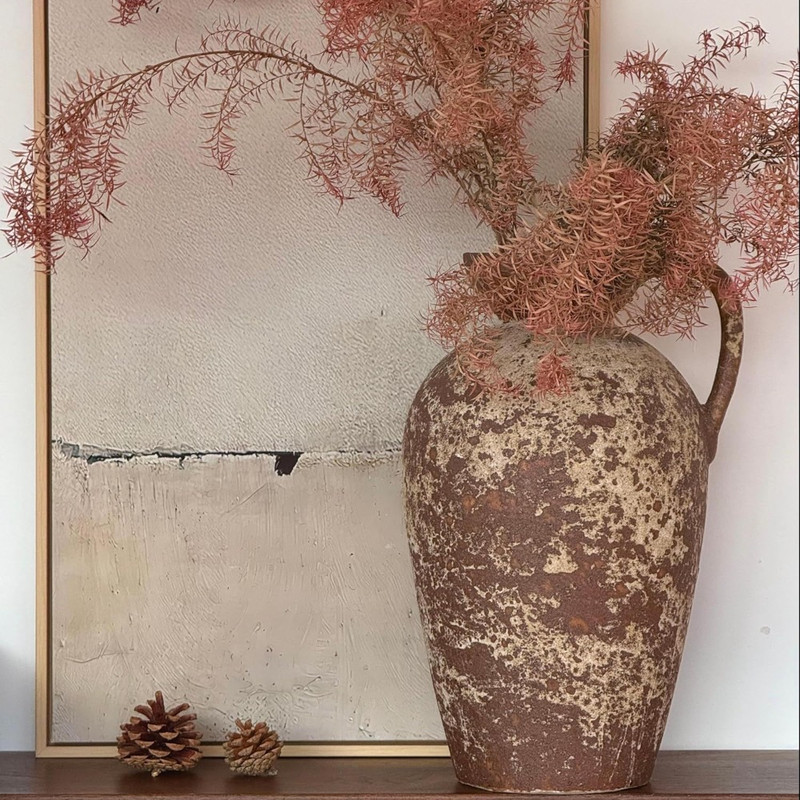 Ceramic Rustic Farmhouse Vase Distressed Antique Terracotta Pitcher With Handle Handmade Pottery Fl 3