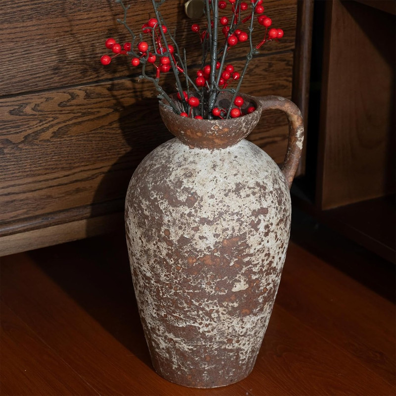 Ceramic Rustic Farmhouse Vase Distressed Antique Terracotta Pitcher With Handle Handmade Pottery Fl 4