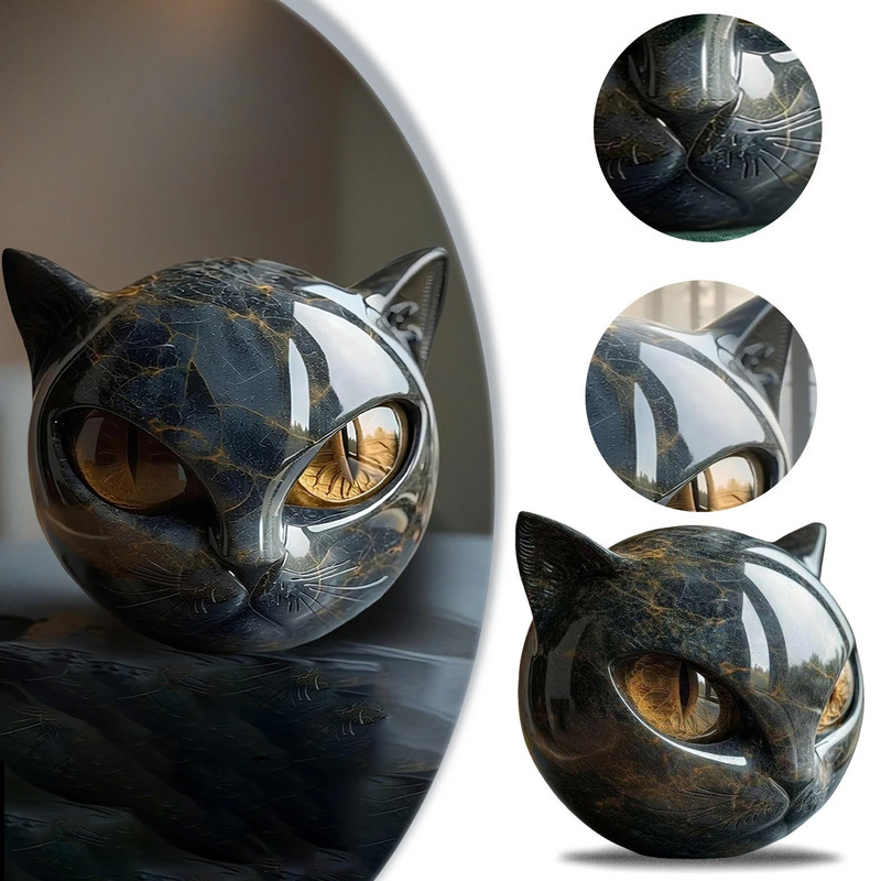 Decorative Black Cat Stone Figurine Resin Cat Head Keepsake Gift Marble Texture Cat Decor For Offic 4