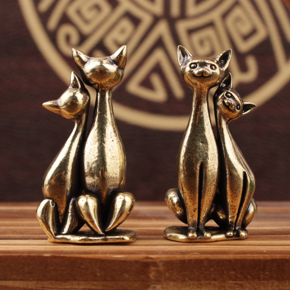 Couple Cat Ornament Vintage Brass Sculpture Intertwined Loving Cats Home Office Decoration Cat Artw 0