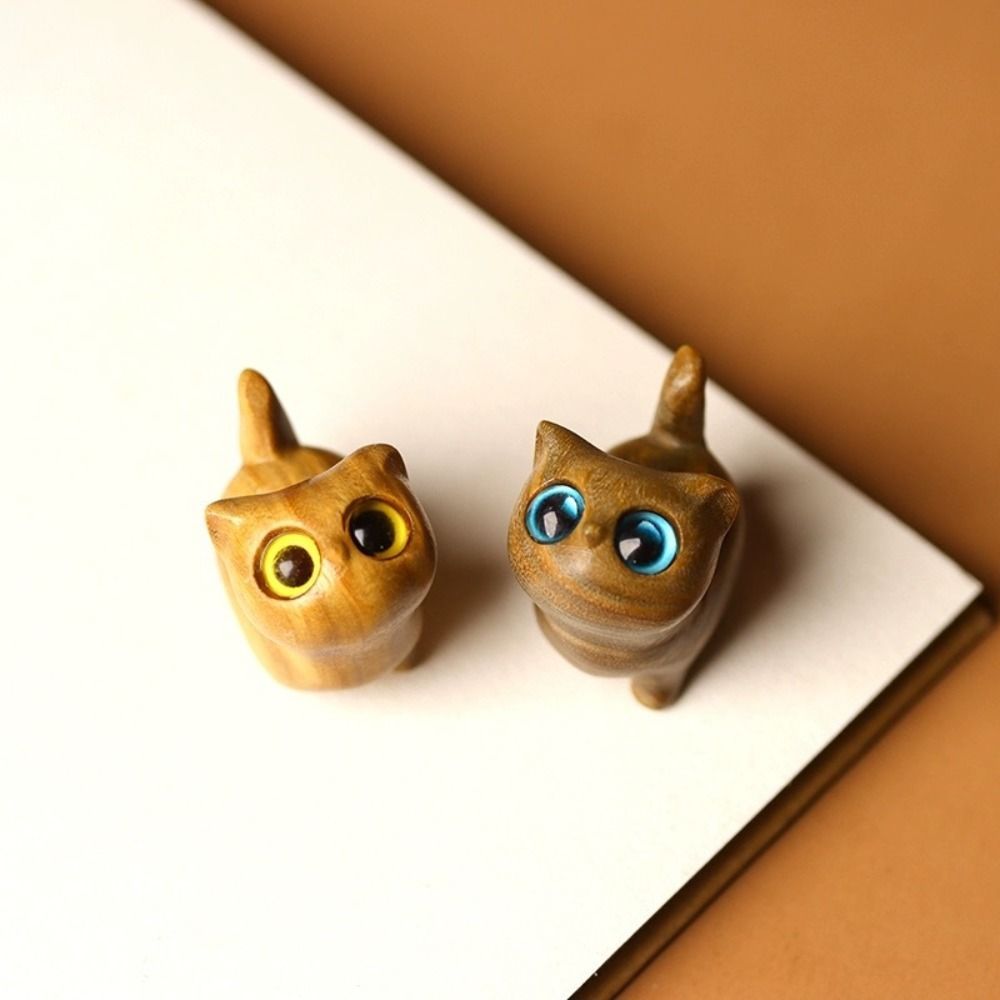 Sandalwood Cat Figurine Kawaii Cartoon Wooden Carved Cute Animal Desktop Toy Exquisite Bedroom Deco 0