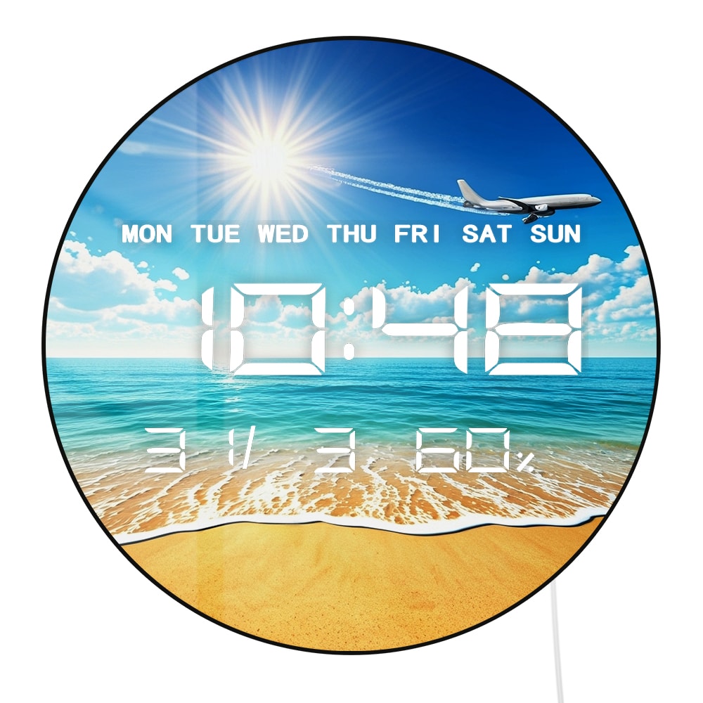 Sea Beach Sun and Airplane Electronic Digital Wall Clock, LED Display Calendar, Temperature, Automatic Dimming
