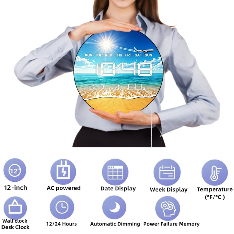Sea Beach Sun and Airplane Electronic Digital Wall Clock, LED Display Calendar, Temperature, Automatic Dimming
