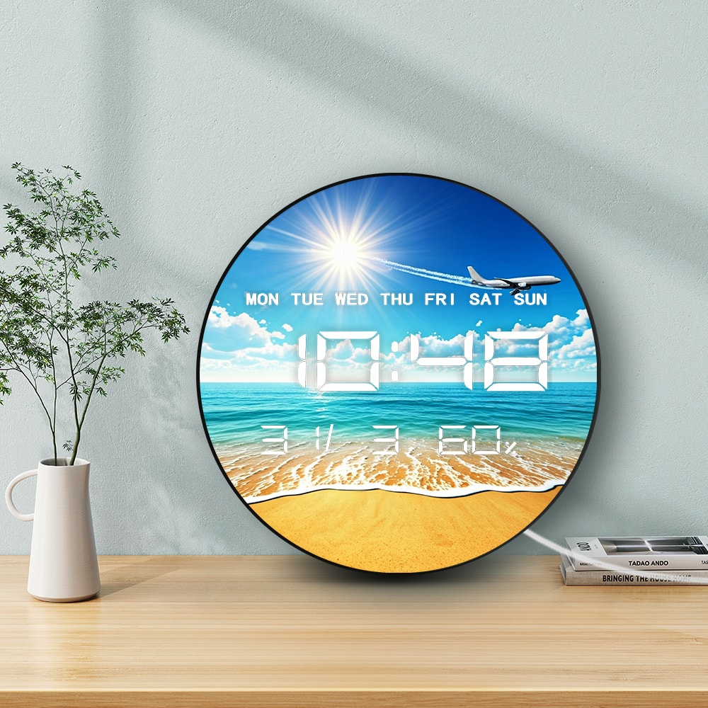 Sea Beach Sun and Airplane Electronic Digital Wall Clock, LED Display Calendar, Temperature, Automatic Dimming