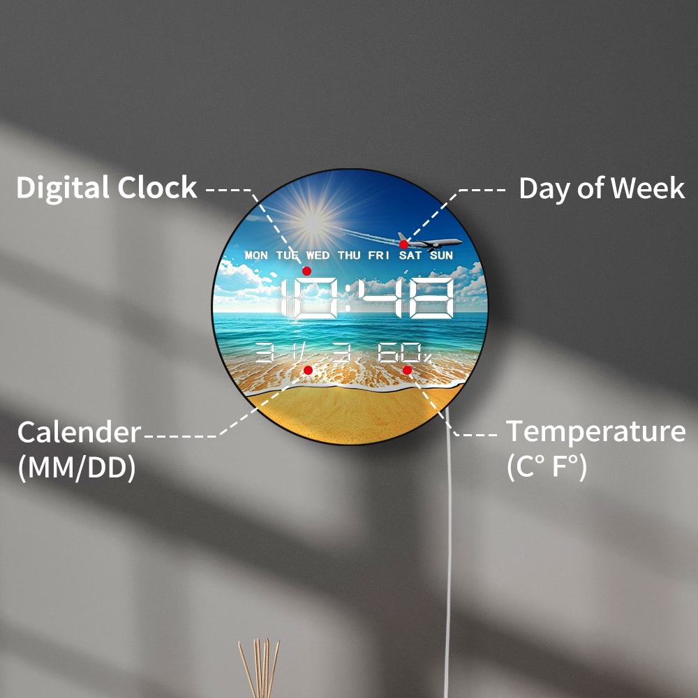 Sea Beach Sun and Airplane Electronic Digital Wall Clock, LED Display Calendar, Temperature, Automatic Dimming
