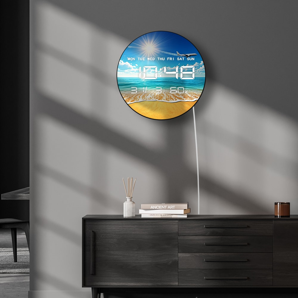 Sea Beach Sun and Airplane Electronic Digital Wall Clock, LED Display Calendar, Temperature, Automatic Dimming