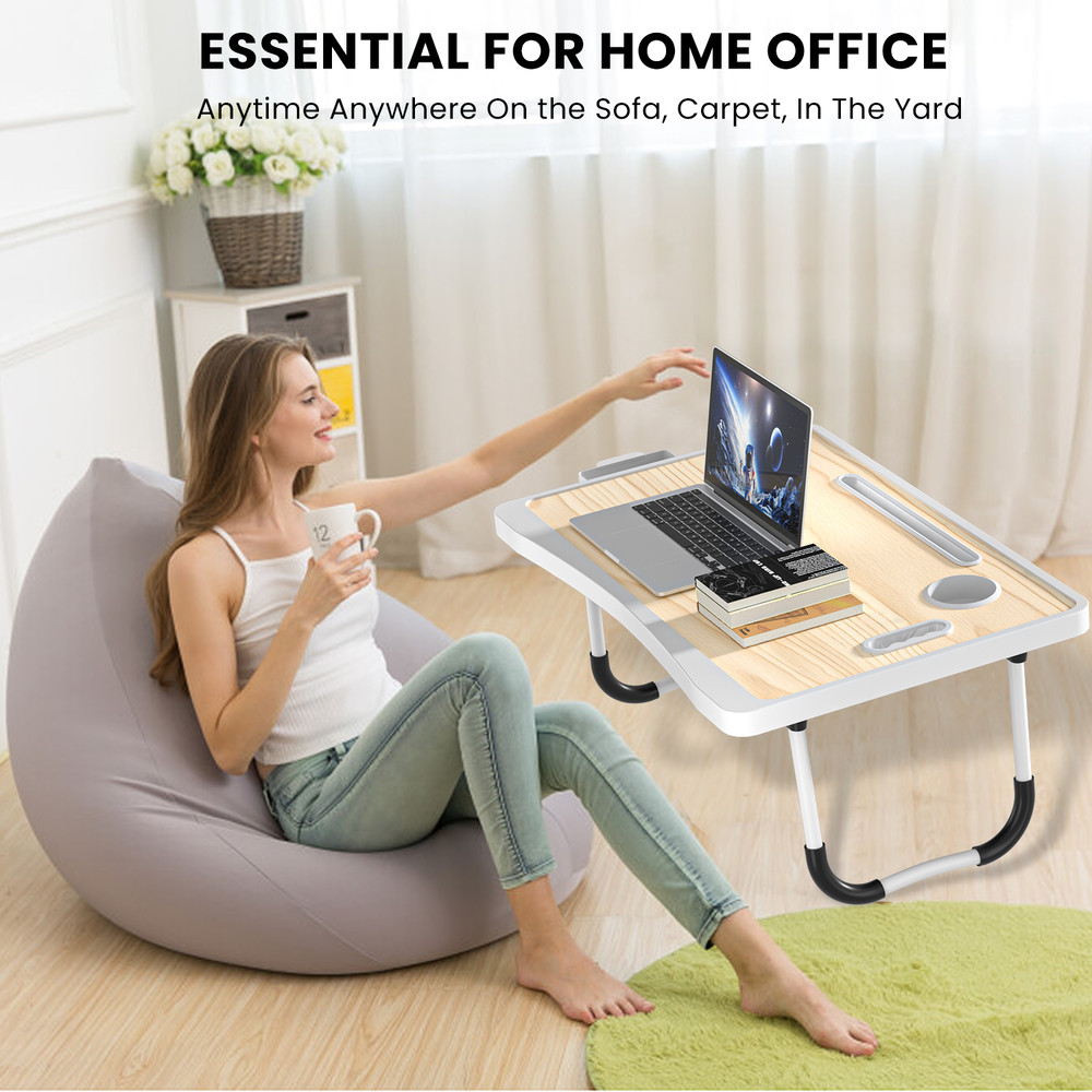 Extra-large folding desk, multifunctional wooden laptop bed desk, portable with cup holder for reading work