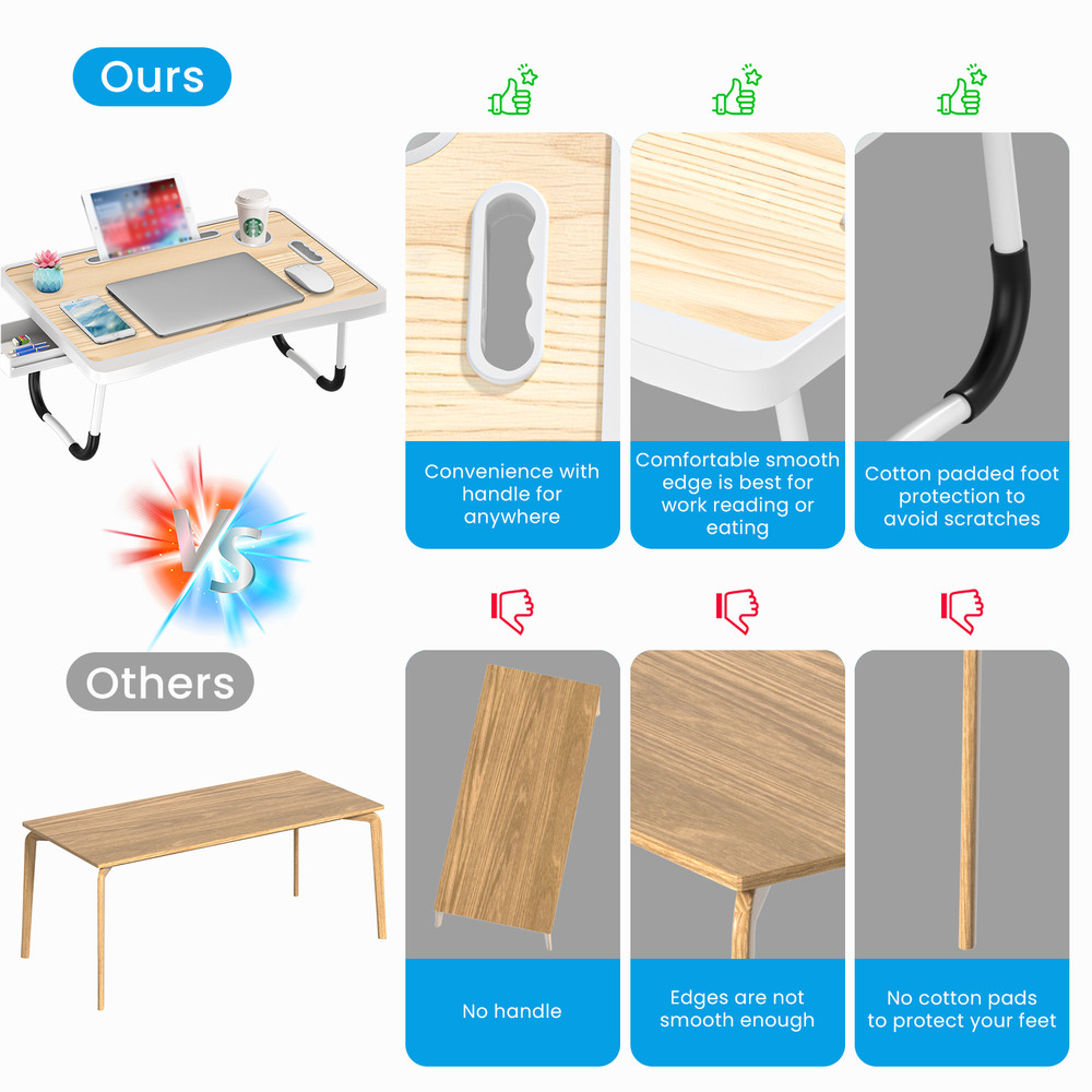 Extra-large folding desk, multifunctional wooden laptop bed desk, portable with cup holder for reading work