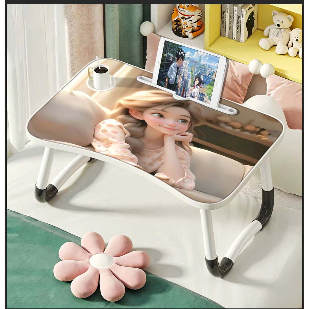 Extra-large folding desk, multifunctional wooden laptop bed desk, portable with cup holder for reading work