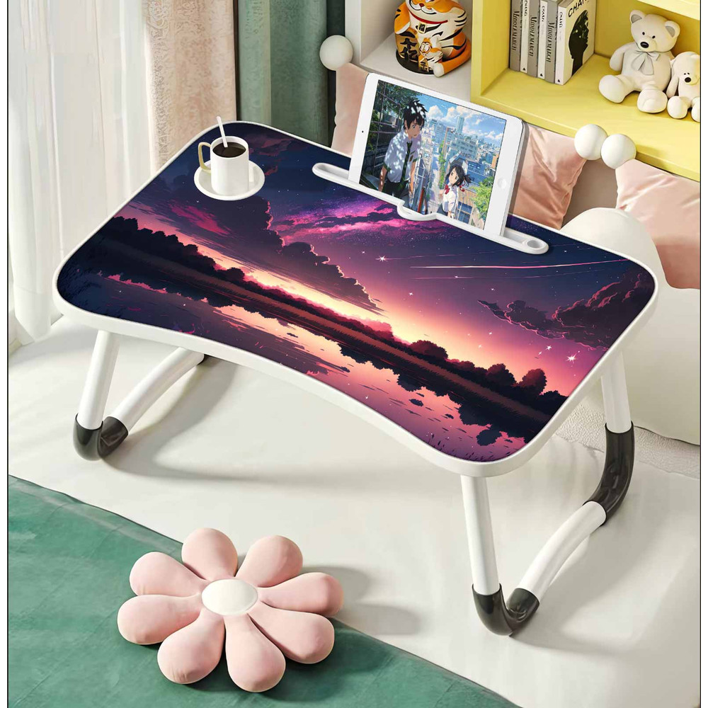 Extra-large folding desk, multifunctional wooden laptop bed desk, portable with cup holder for reading work