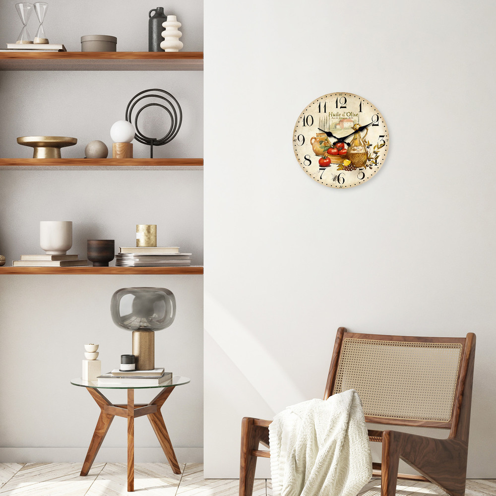 Retro Provence Olive Oil And Tomato Pattern Wooden Wall Clock Silent Quartz Kitchen Wall Clock Rust 1