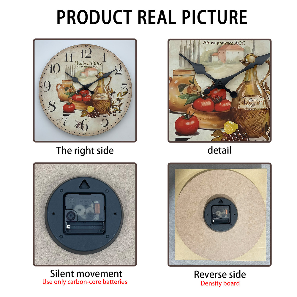 Retro Provence Olive Oil And Tomato Pattern Wooden Wall Clock Silent Quartz Kitchen Wall Clock Rust 2