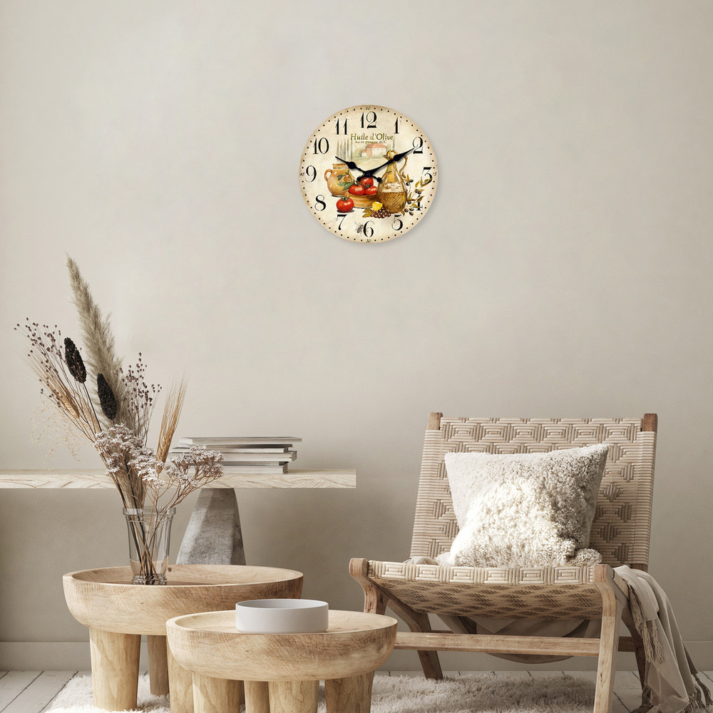 Retro Provence Olive Oil And Tomato Pattern Wooden Wall Clock Silent Quartz Kitchen Wall Clock Rust 3