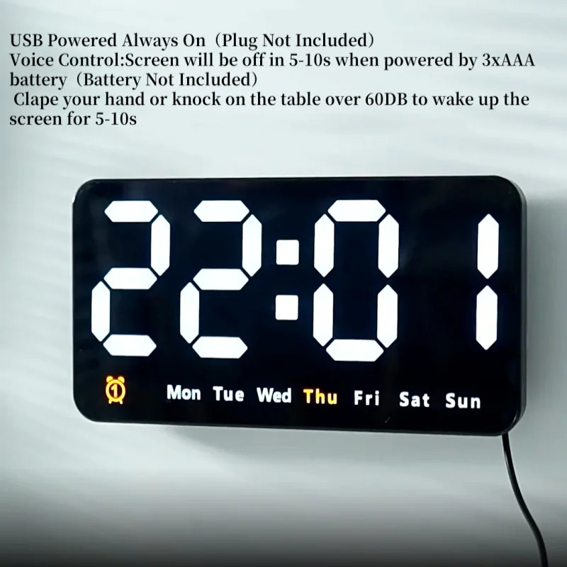 Voice Control Large Digital Wall Clock, Temperature Date Week, DST Snooze Table Clock Dual Alarm Wall-mounted LED Clock