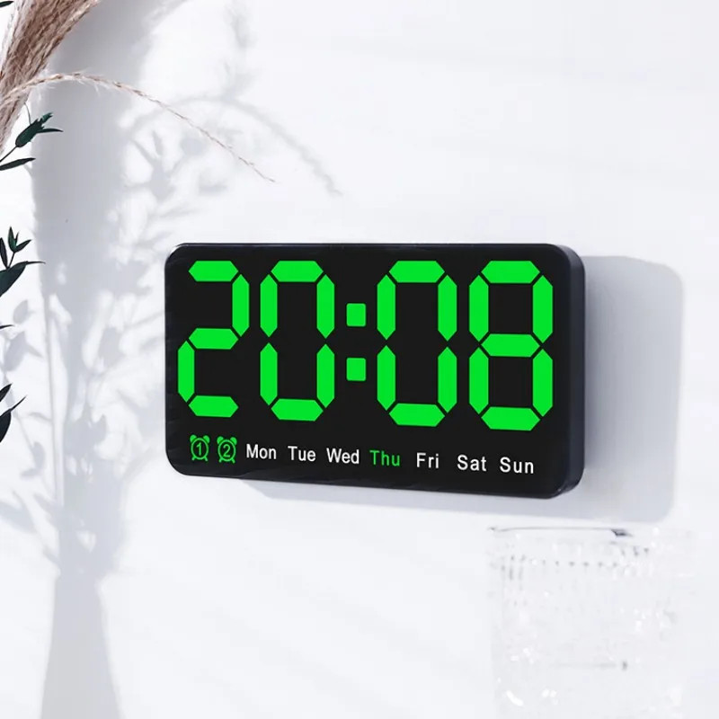 Voice Control Large Digital Wall Clock, Temperature Date Week, DST Snooze Table Clock Dual Alarm Wall-mounted LED Clock