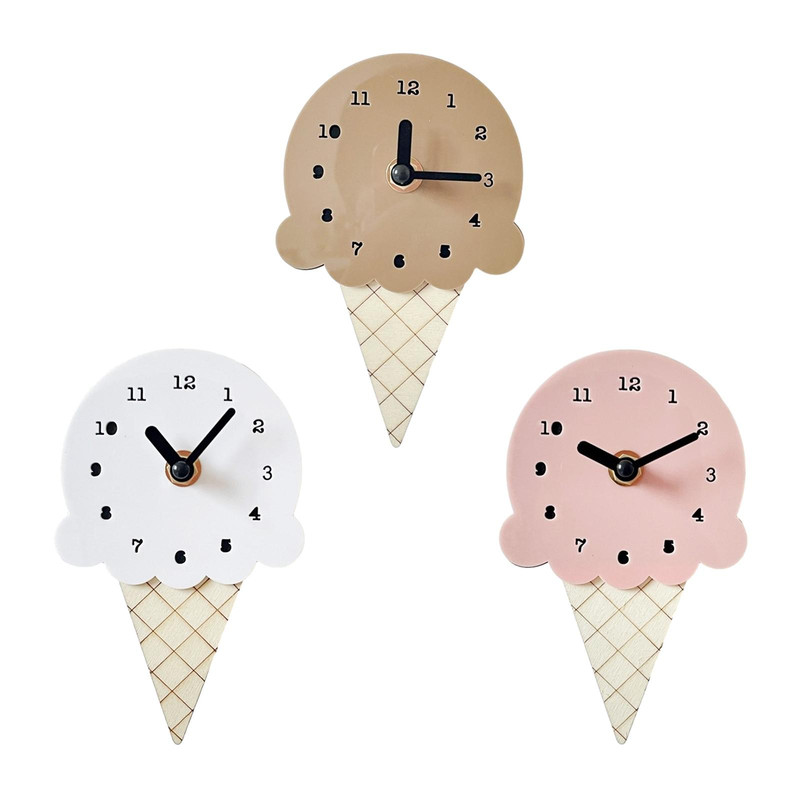 Wall Clock Ice Cream Shape Stylish Wooden Bedroom Clock for Childrens Room, Living Room, Office Home Wall Decor