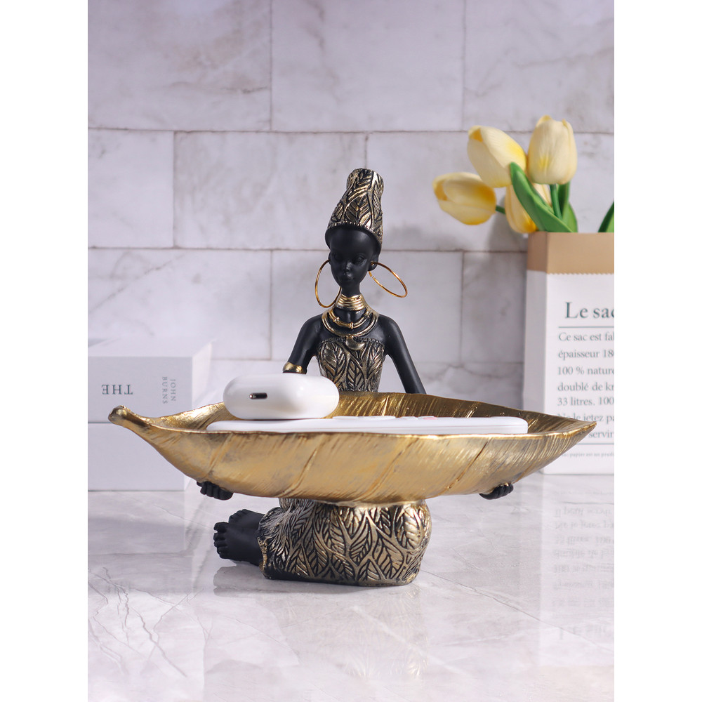 African Girl Sculpture Vintage Collectible Home And Office Decorative Craft Desk Decor Holding A Pl 4