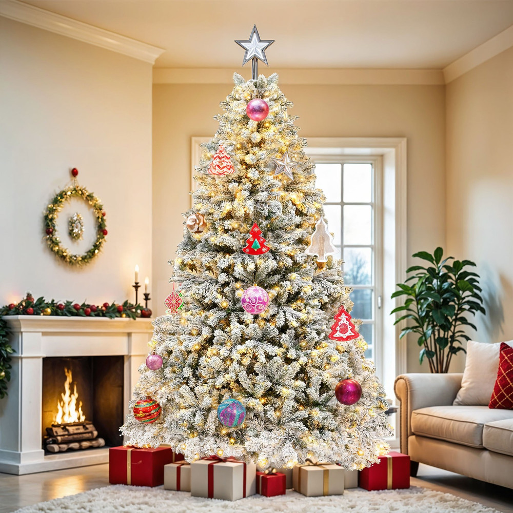 Prelit Snow Flocked Christmas Tree Artificial Full Tree With Remote 0