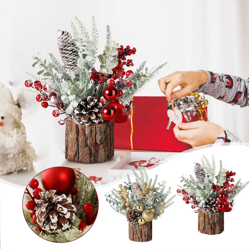 Mini Desktop Christmas Tree Pine Cone Red Berry Decoration 1