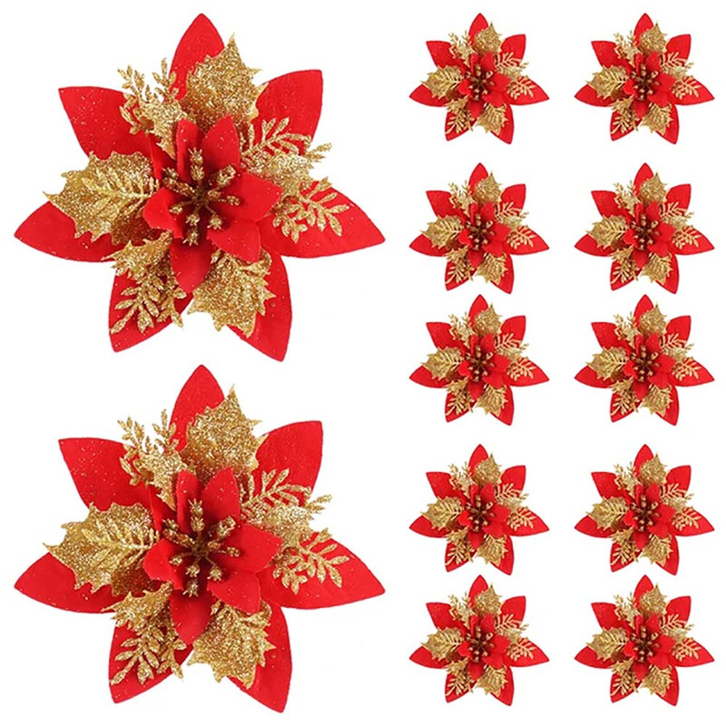 Christmas Flower Ornaments for Tree, Pink, Red, Gold Glitter Artificial Flowers for Xmas Home Decoration