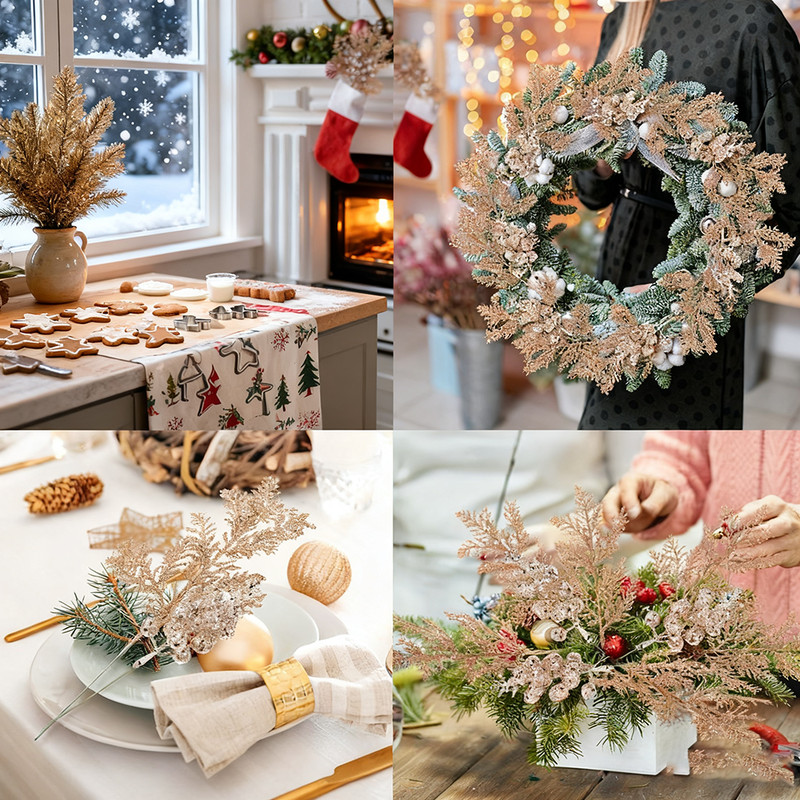 Artificial Berry Bouquets With Glitter Pine Needle Stalk Christmas Decoration Ornament DIY Wreath G 2