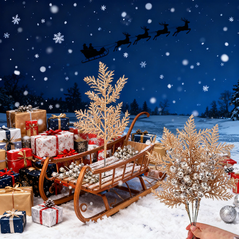 Artificial Berry Bouquets With Glitter Pine Needle Stalk Christmas Decoration Ornament DIY Wreath G 4