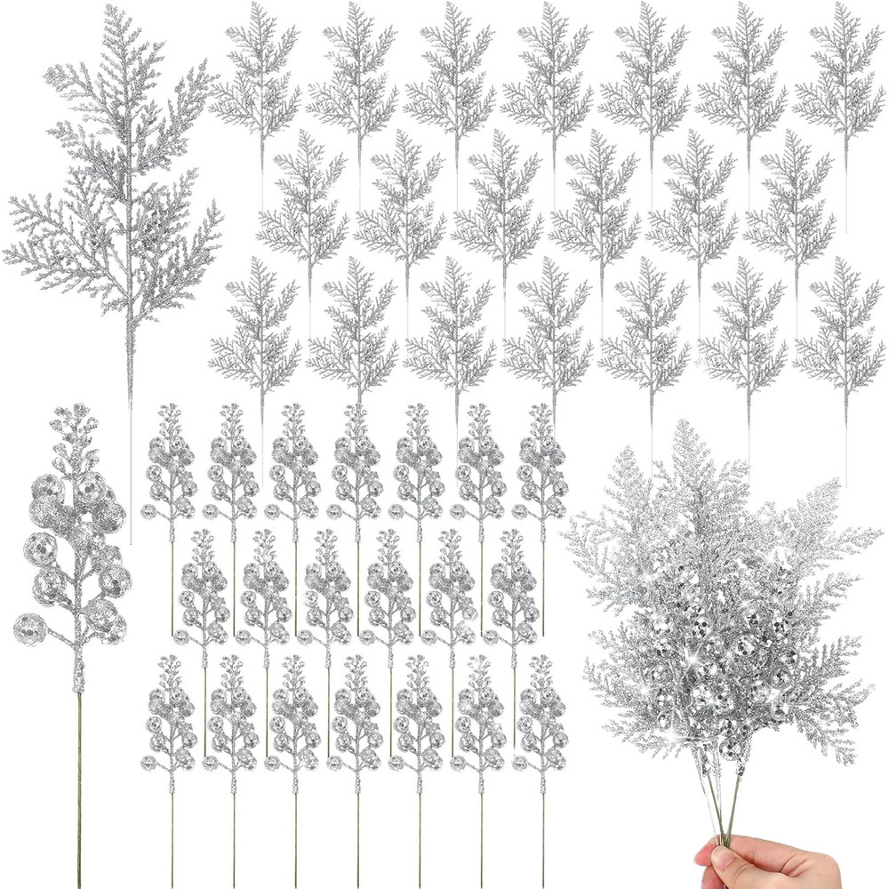 Artificial Berry Bouquets With Glitter Pine Needle Stalk Christmas Decoration Ornament DIY Wreath G 3